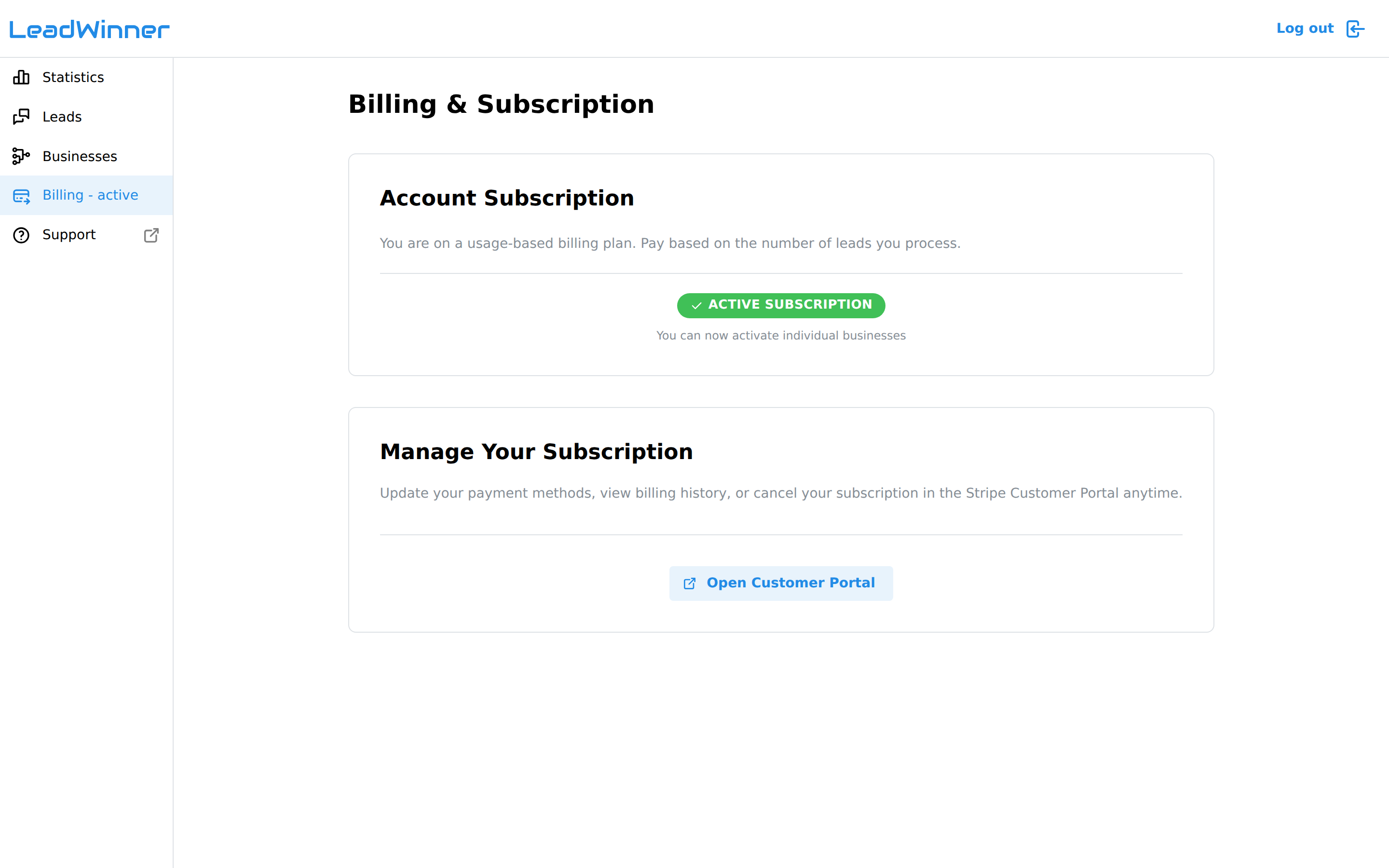 The Billing page with the "Open Customer Portal" button
