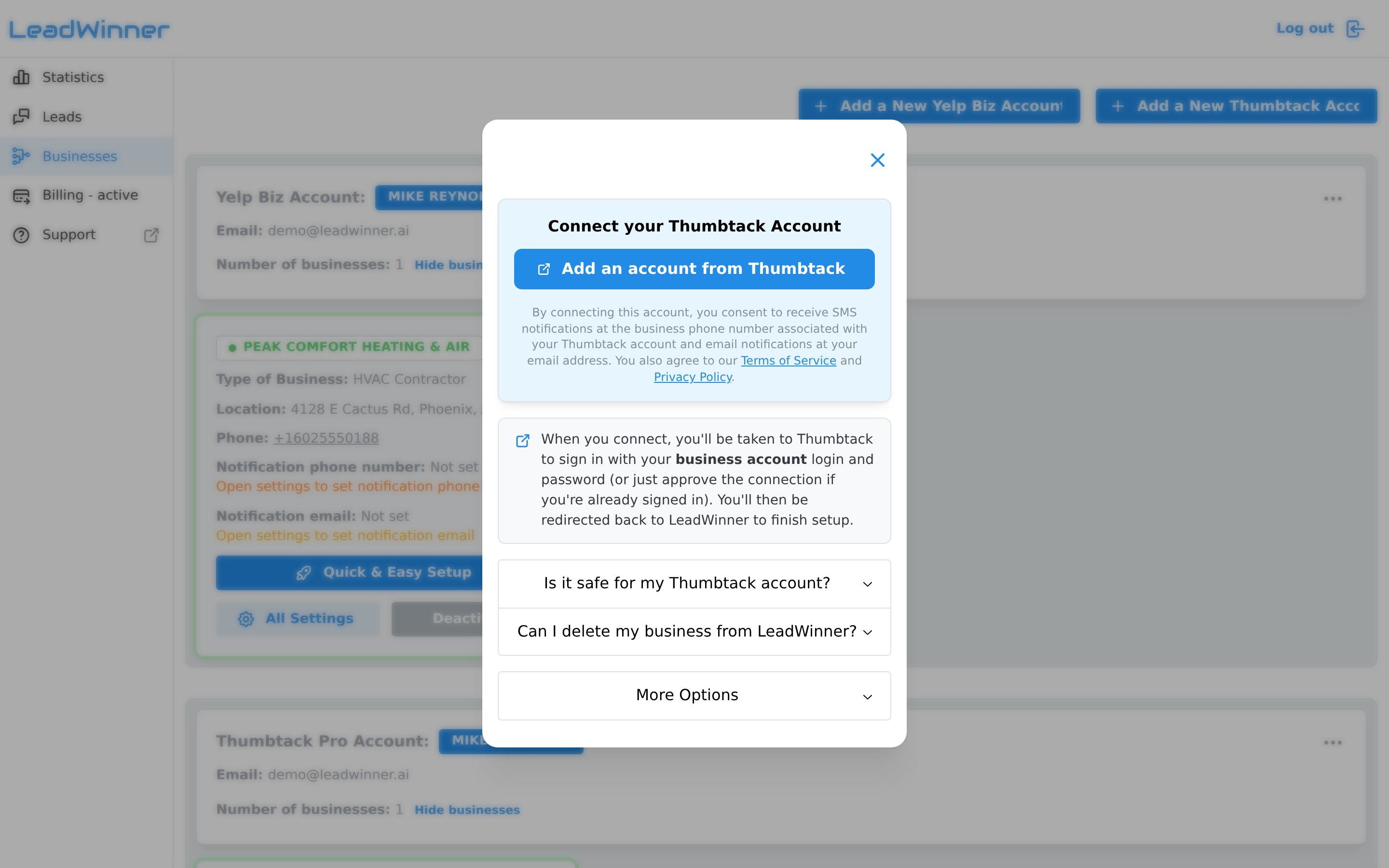 The "Connect your Thumbtack Account" window with the "Add an account from Thumbtack" button