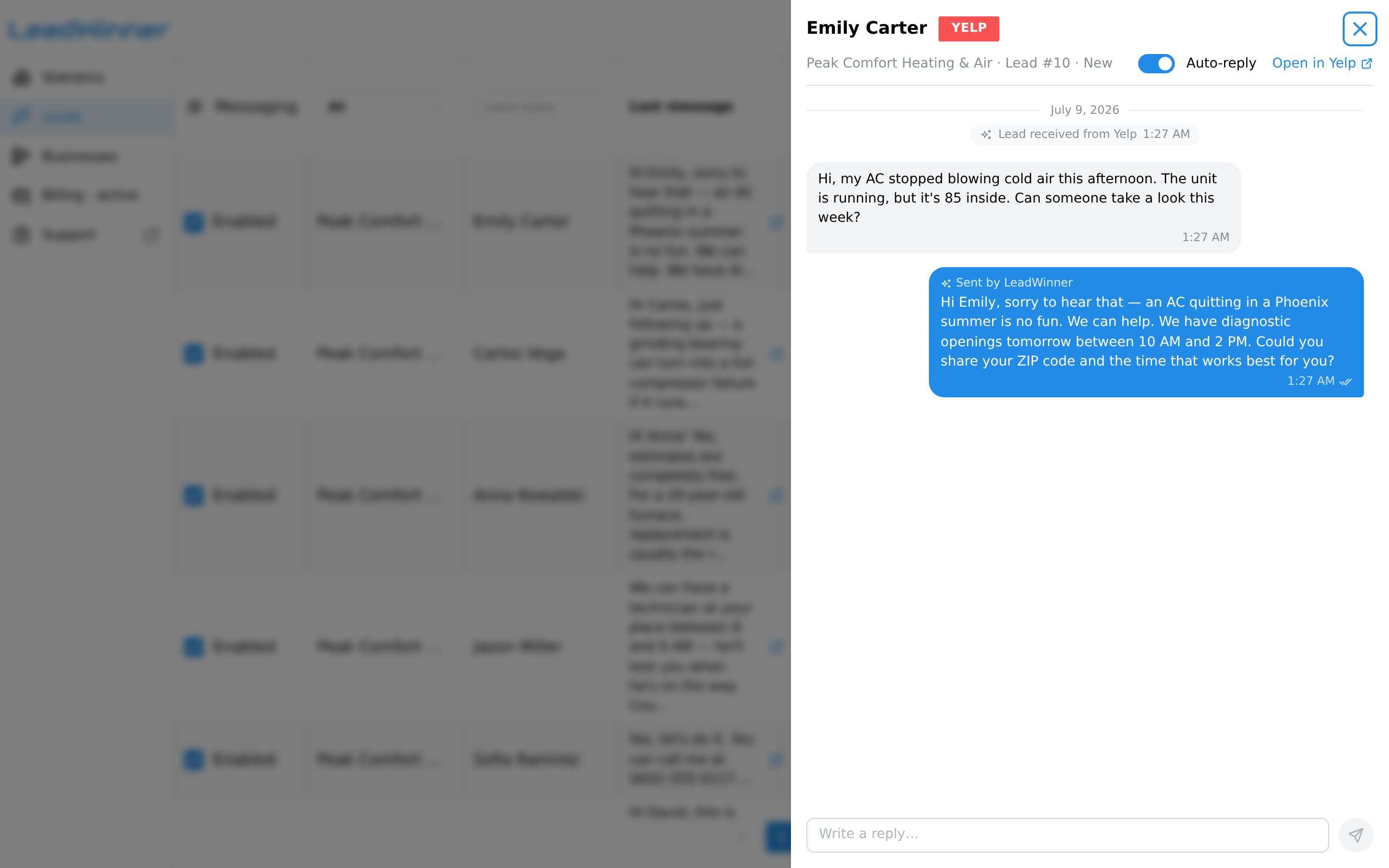 A lead conversation with an AI reply marked with the "Sent by LeadWinner" tag