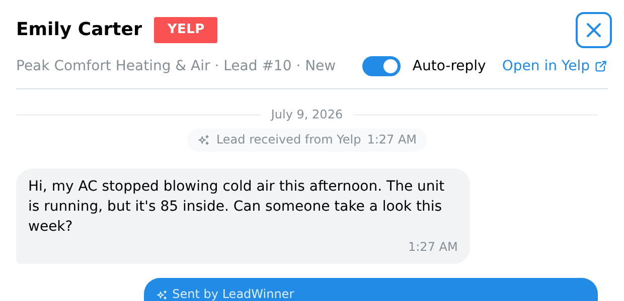 The header of an open lead with the Auto-reply switch turned on