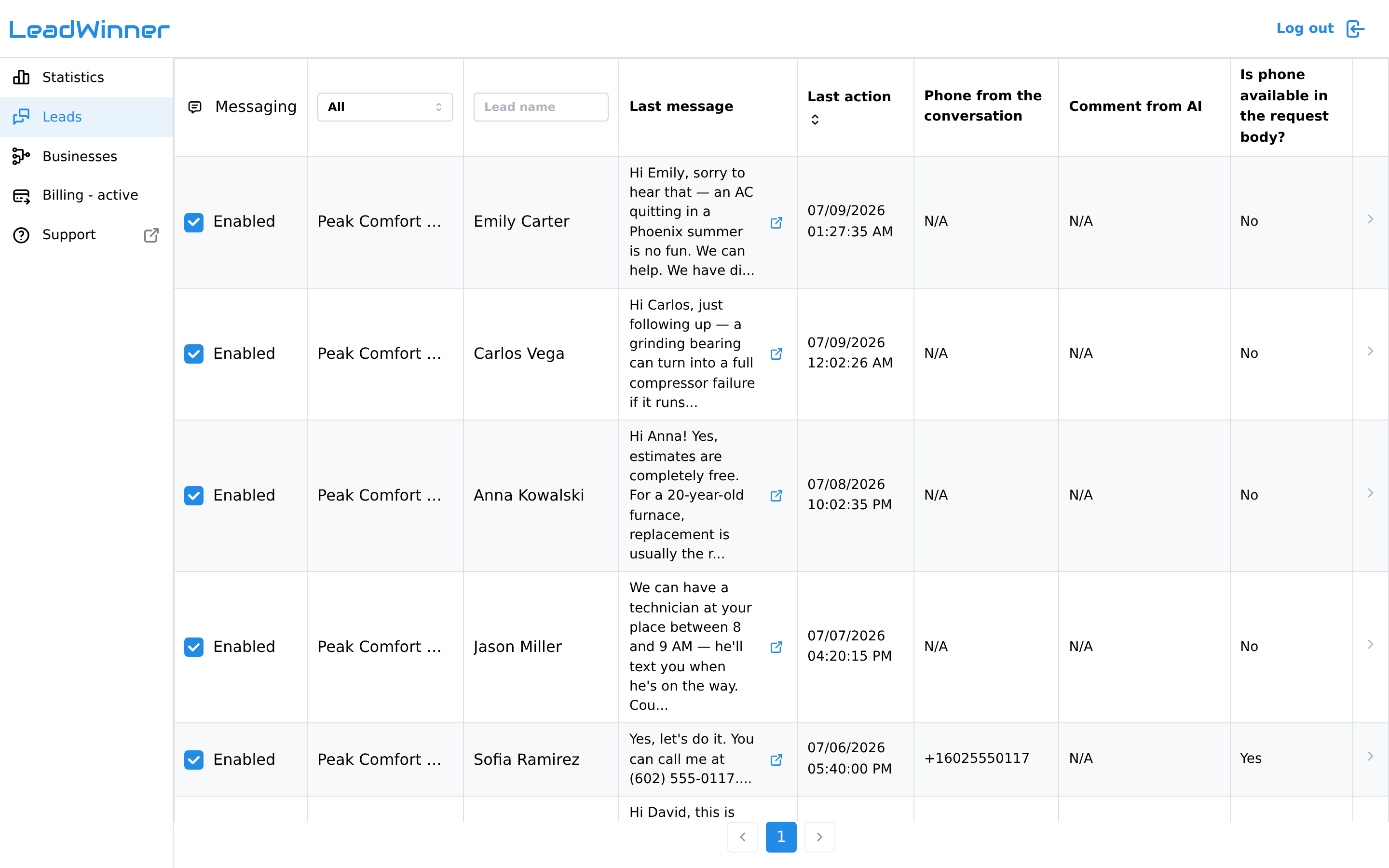 The Leads page with a list of incoming leads
