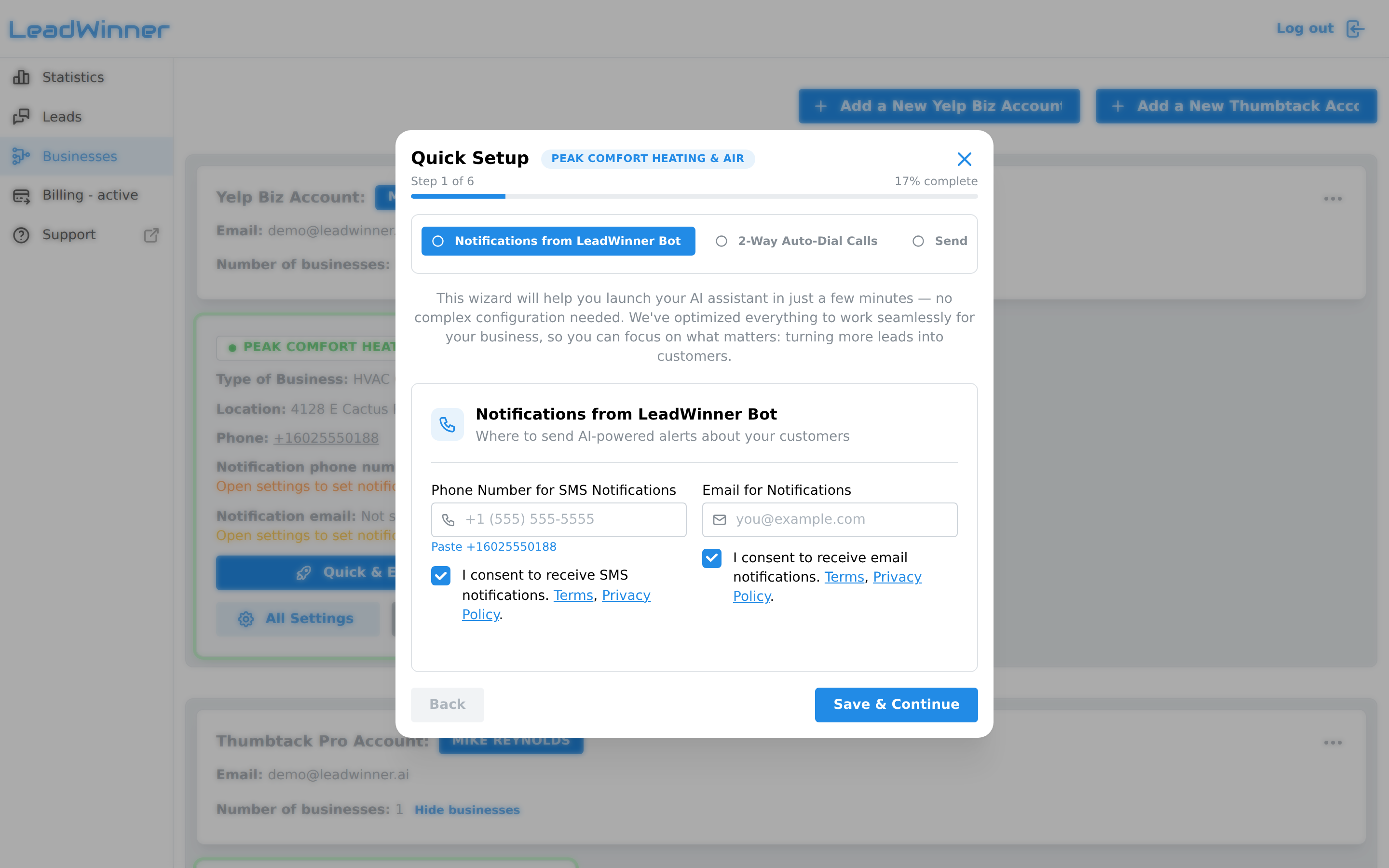 The first step of the Quick & Easy Setup wizard with notification settings