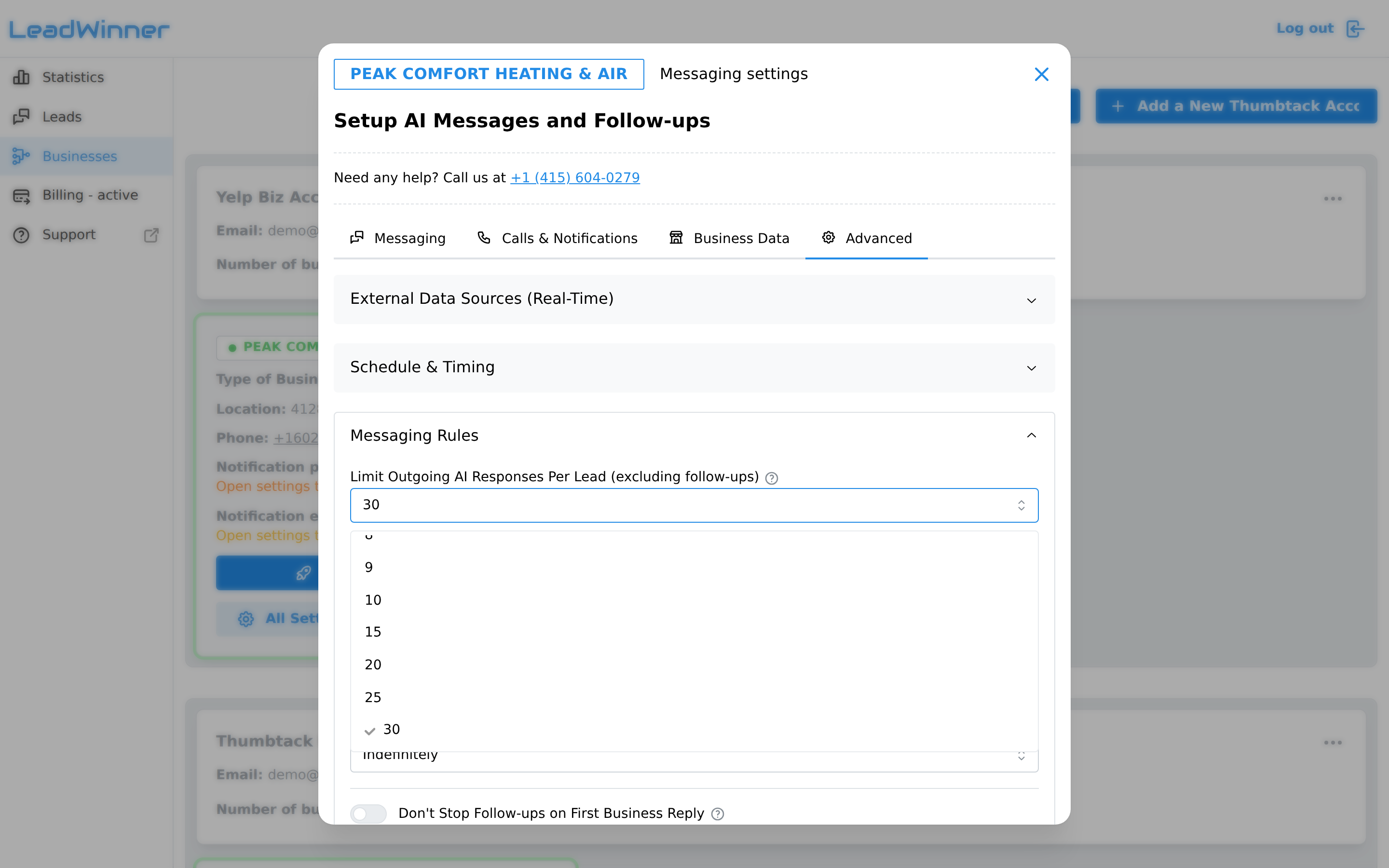 The Messaging Rules section with the AI response limit dropdown open