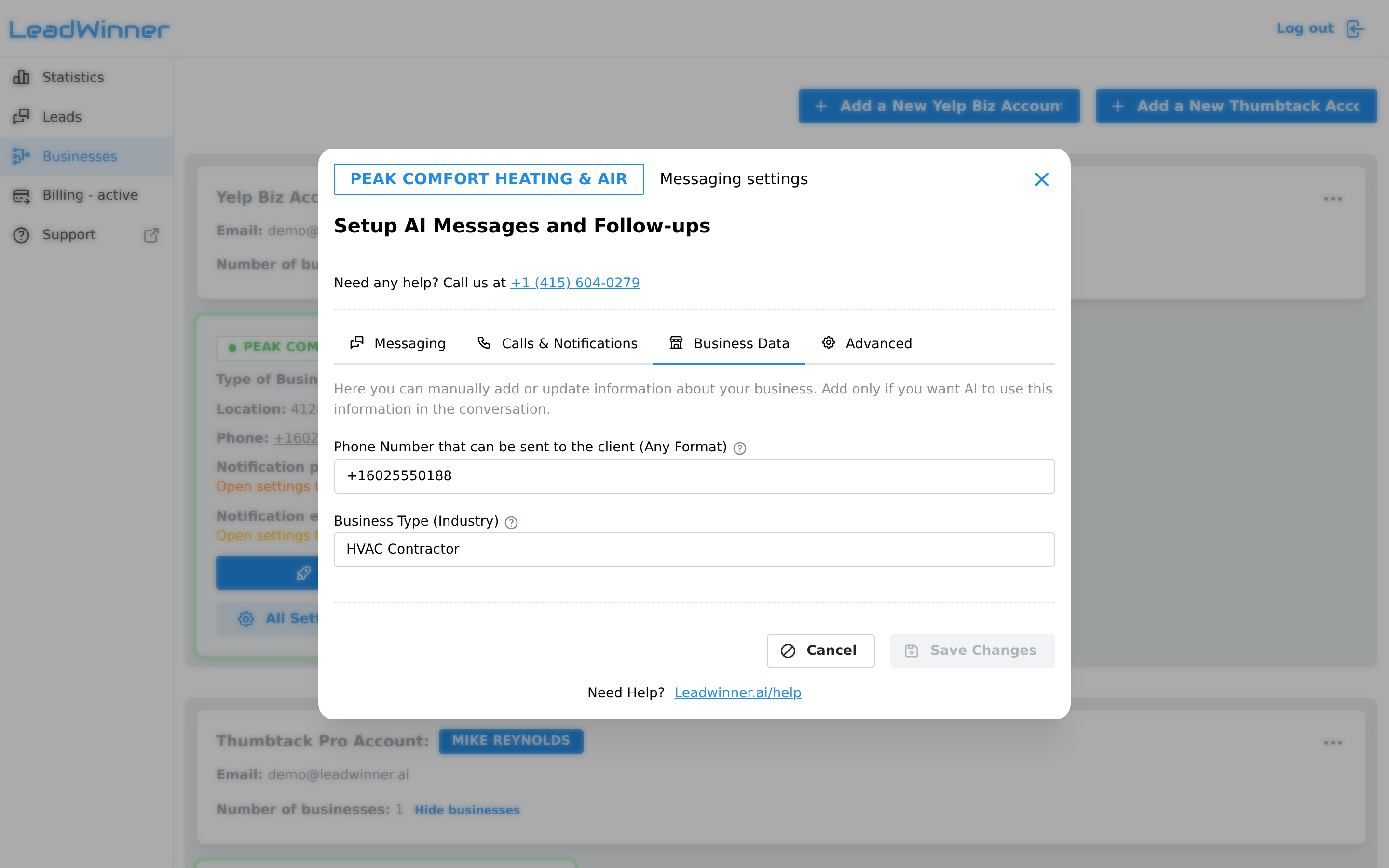 The Business Data tab with the phone number and business type fields