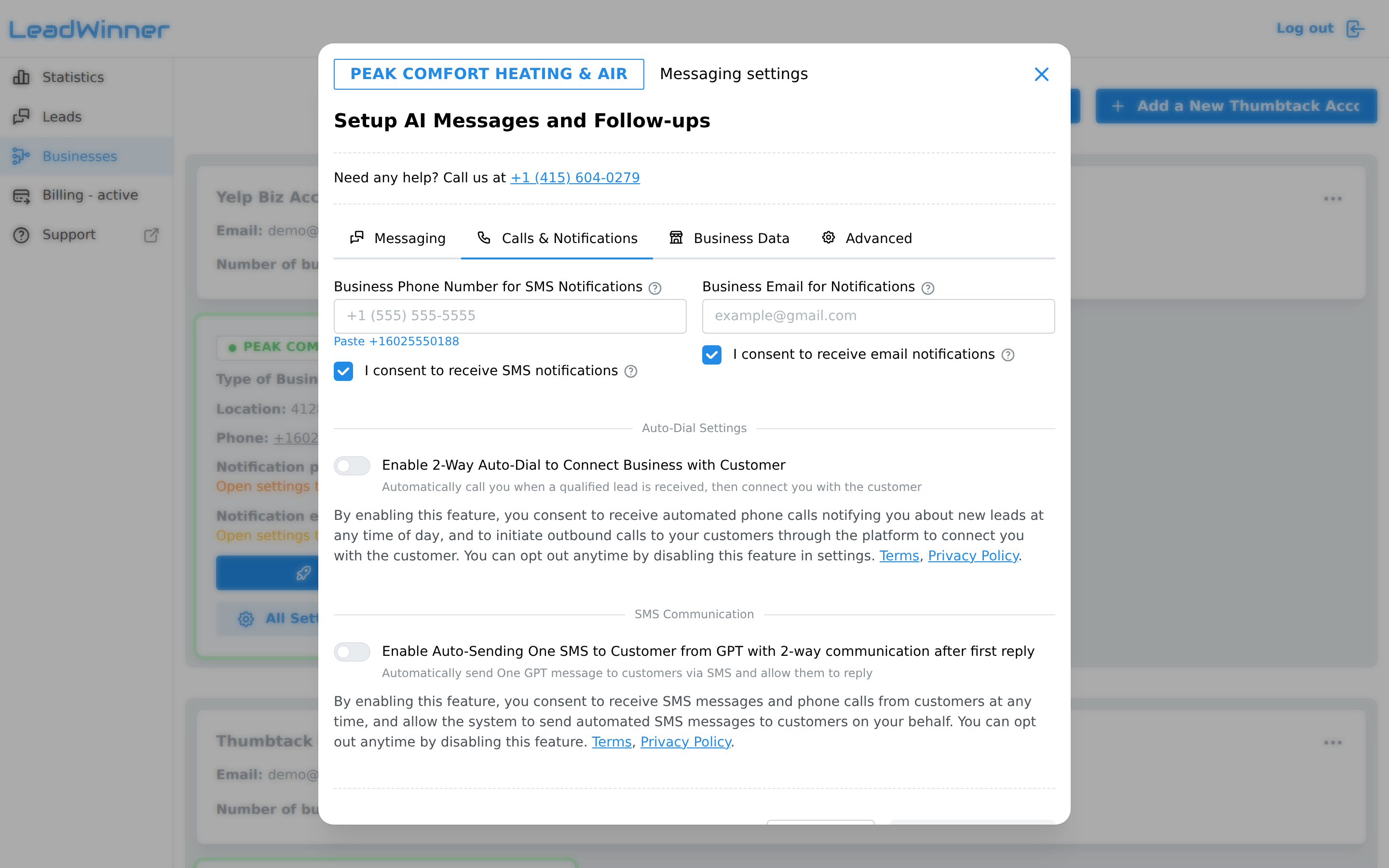 The Calls & Notifications tab with the Auto-Dial Settings section