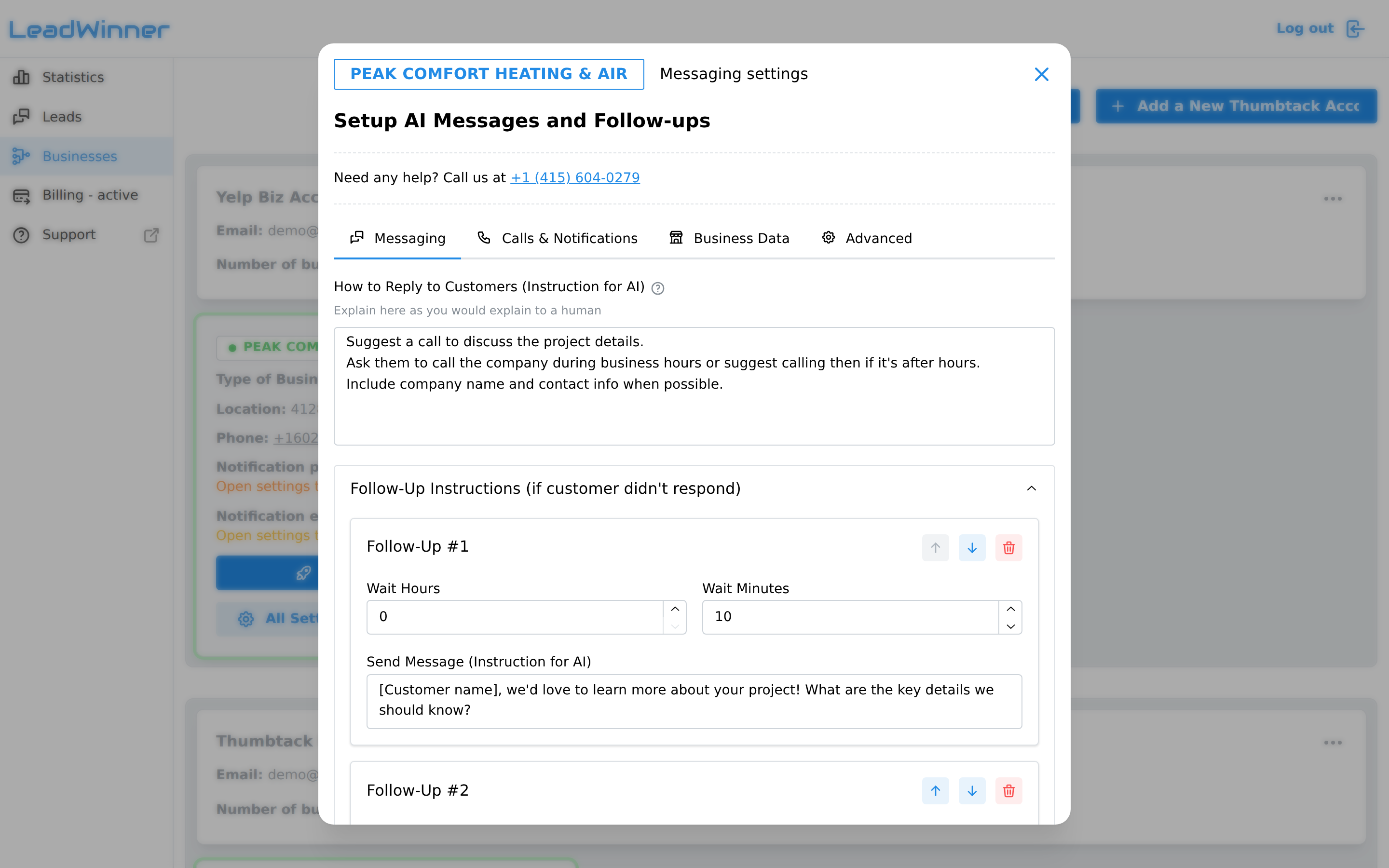 The Follow-Up Instructions section with a follow-up's wait time and message instruction