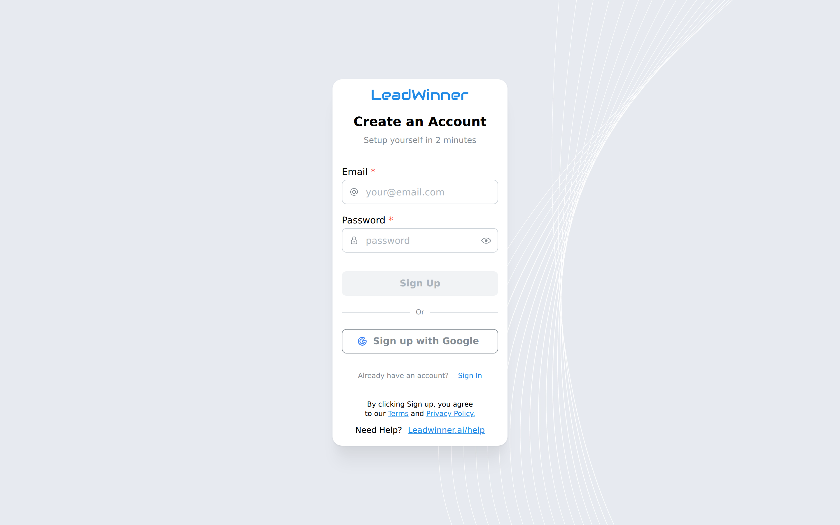 The LeadWinner sign-up page with email and password fields and a Google sign-in button