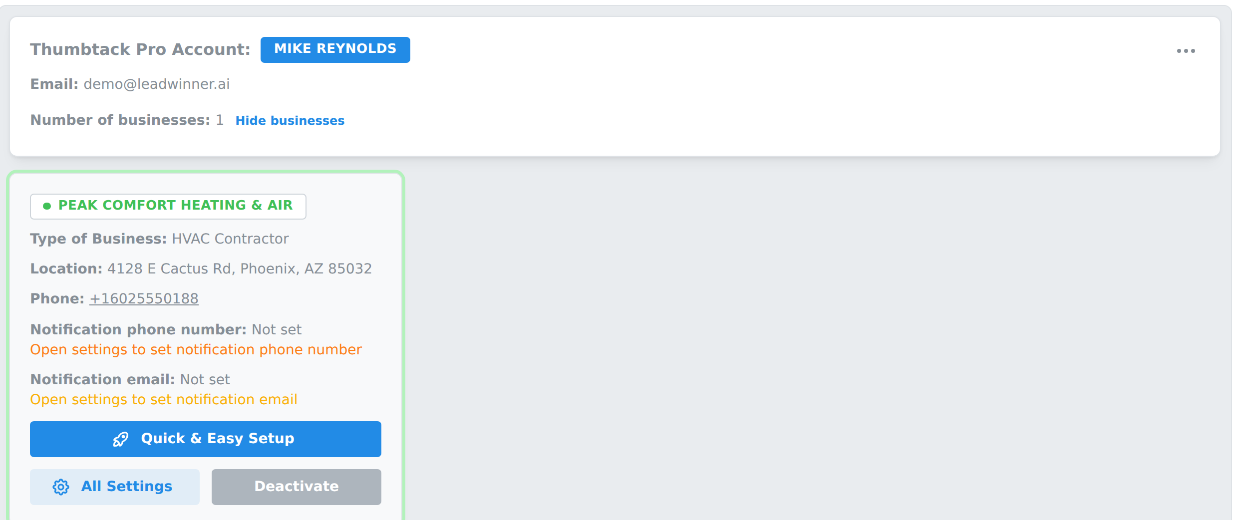 A connected Thumbtack account card on the Businesses page
