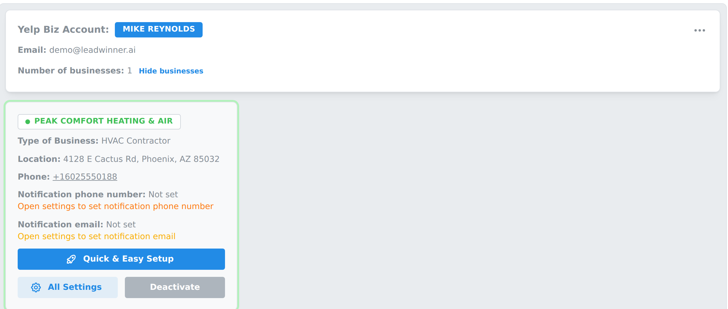 A business card on the Businesses page with the Deactivate button