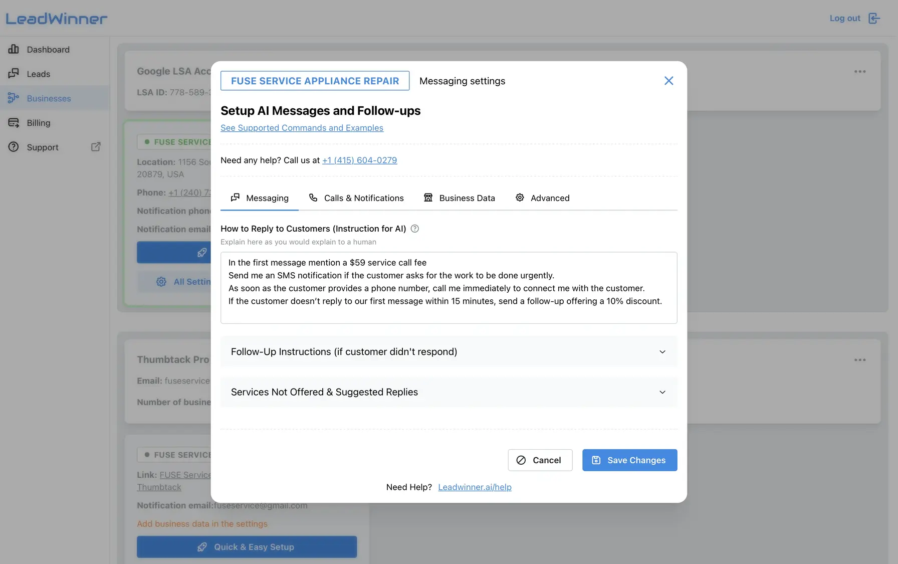 LeadWinner dashboard — AI messaging setup for instant lead responses